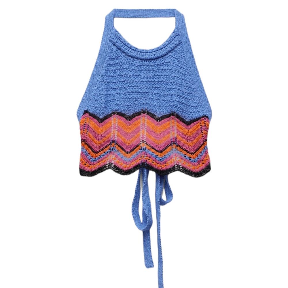 ZARA crochet knit halter blue boho open back crop top Special Edition Size M - Picture 8 of 8
